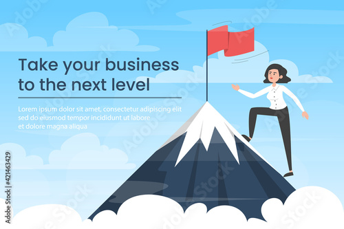 Businesswoman moving towards victory. Take your business to the next level banner. Vector illustration of woman in suit on top of the mountain with red flag as symbol of success and goal achievement.