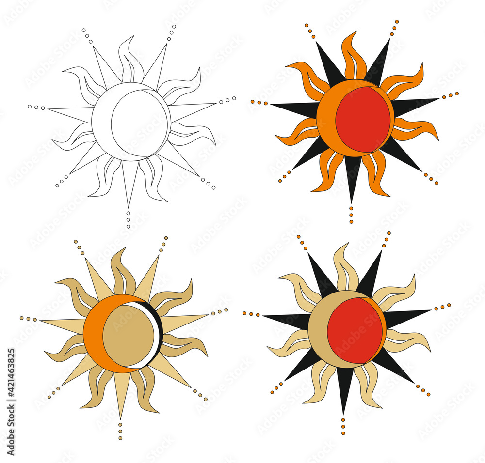 symbolic representation of sun and moon for tatoo and modern circular blue and gold decoration