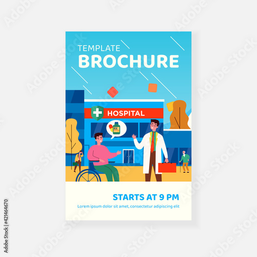 Patient asking doctor for RX. Disabled man, wheelchair, prescription need. Flat vector illustration. Treatment, pharmacy, hospital concept for banner, website design or landing web page