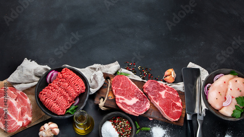 Quadro su tela Variety of raw meat