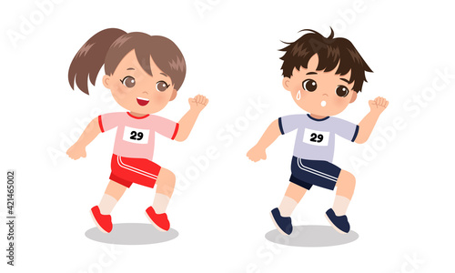 Boy and girl running in school training uniform. Flat vector cartoon design isolated on white