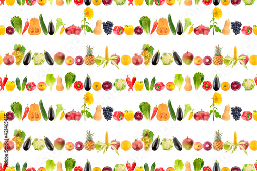 Seamless pattern of falling mixed fruits and vegetables isolated on white