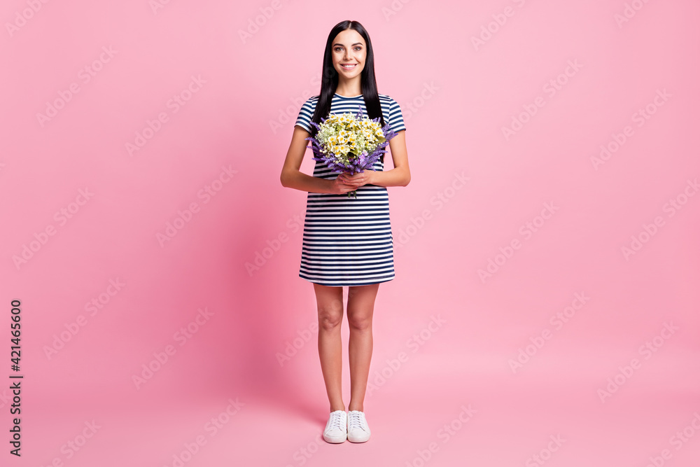 Full length body size view of nice attractive cheerful girl holding in hands wild flowers isolated over pink pastel color background Full length body size view of nice attractive cheerful girl holding in hands wild flowers isolated over pink pastel color background