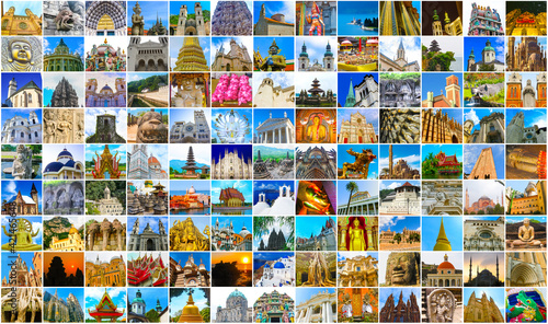 World Religious Monuments - collage from different religions from Bali, Thailand, Cambodia, Turkey, Vietnam Nepal, Singapore at Asia and Florens, Palma, Santorini, Venice, Milan, Lyon, Berlin, Vilnius