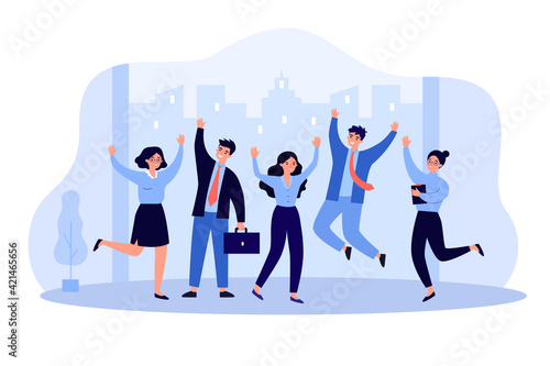Happy business team people jumping celebrating success. Professional office job flat vector illustration. Victory, achievement concept for banner, website design or landing web page