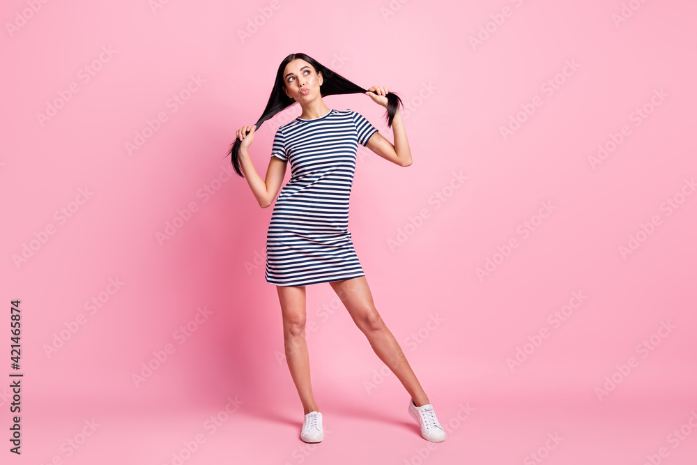 Full length body size view of charming funky girl making tails having fun pout lips fooling isolated over pink pastel color background Full length body size view of charming funky girl making tails having fun pout lips fooling isolated over pink pastel color background