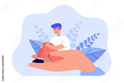 Tiny patient man sitting in counselor hand. Person support flat vector illustration. Psychologist counseling, psychotherapy, mental health concept for website design or landing web page
