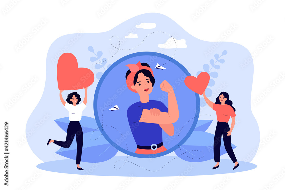 Woman showing bicep and fist. Female empowerment, equality, power sign flat vector illustration. Feminism concept for banner, website design or landing web page Woman showing bicep and fist. Female empowerment, equality, power sign flat vector illustration. Feminism concept for banner, website design or landing web page