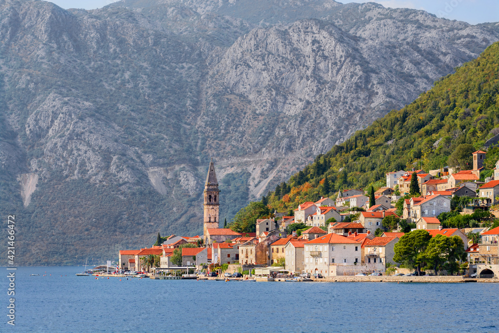 Perast. Montenegro. Coast of the Bay of Kotor, Adriatic Sea. Mount Saint Elijah