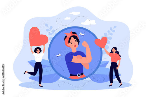 Woman showing bicep and fist. Female empowerment, equality, power sign flat vector illustration. Feminism concept for banner, website design or landing web page