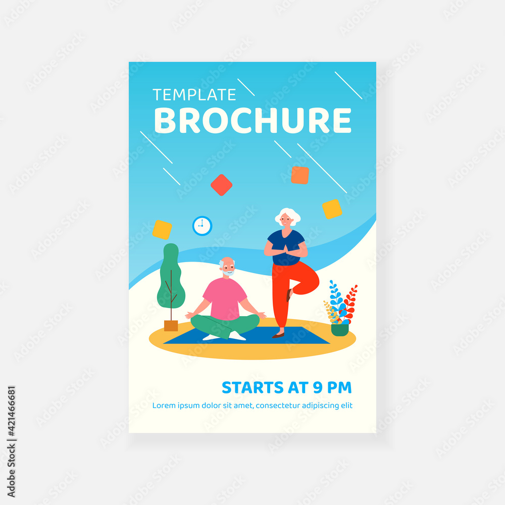 Fototapeta premium Senior adult couple doing yoga at home, practicing meditation on mat, exercising, keeping active healthy lifestyle. Vector illustration for old people activity, retirement, sport, fitness concept