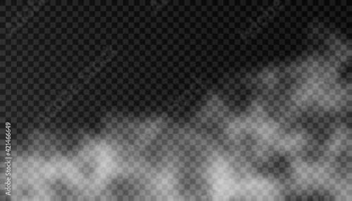 White fog texture isolated on transparent background. Steam special effect. Realistic vector fire smoke or mist. PNG.