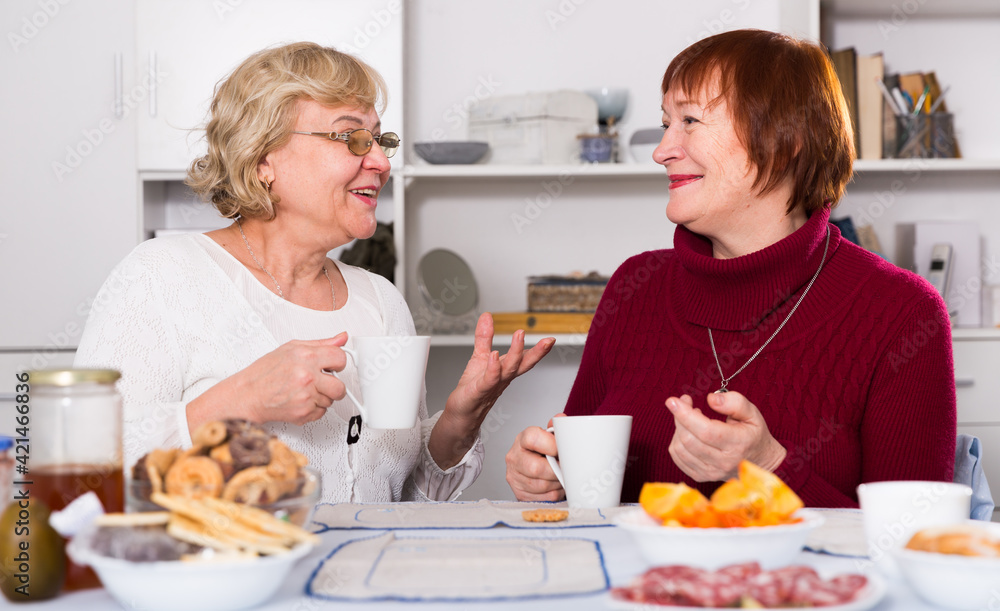 Two happy senior women enjoying conversation over cup of coffee at home
