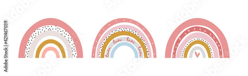 Three baby cute rainbow graphic illustration. Art rainbow color brush stroke. Baby design for birthday invitation or baby shower, poster, clothing, nursery wall art and postcard.