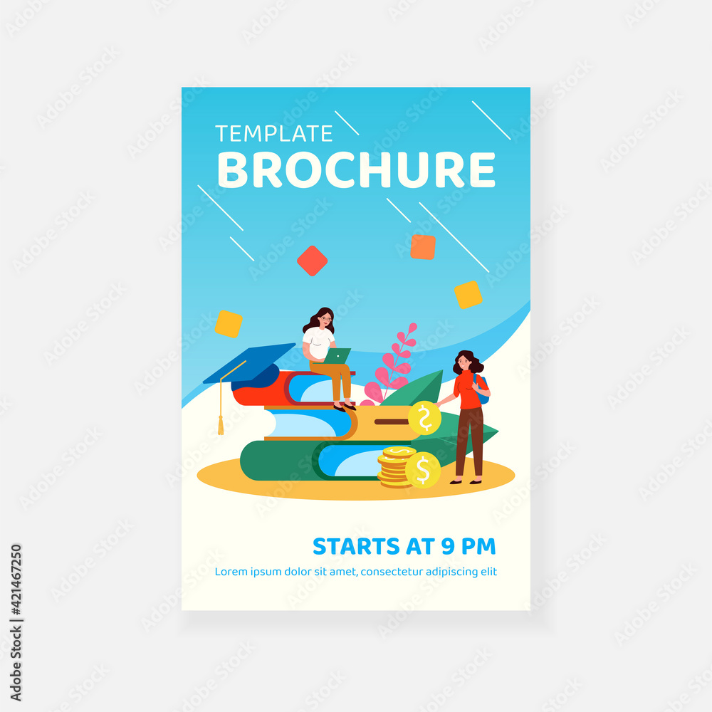 Tiny students near pile of big books learning for scholarship flat vector illustration. Cartoon people getting money loan for college. Education investment and finance concept