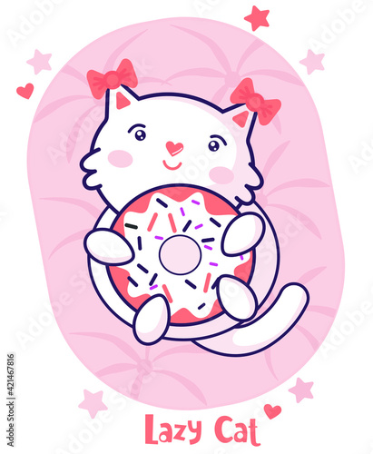 Flat Flying Cat, cartoon. Child vector. Happy summer holiday. Perfect for Nursery kids, greeting card, baby shower girl, fabric design.