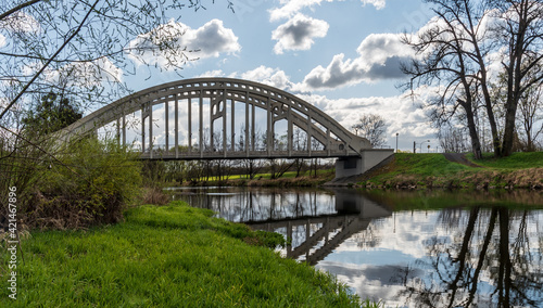 Fototapeta Naklejka Na Ścianę i Meble -  Most Sokolovskych hrdinu brudge with Olse river in Karvina city in Czech republic
