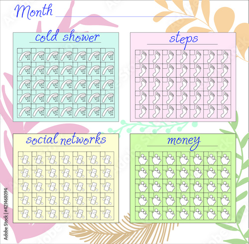 Beautiful color tracker of good habits for the month in the form of a square. Take a contrast shower, go hiking, ditch social media, save money. We mark, paint over the days in vector.
