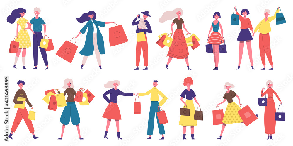 Shopping people. Shopaholic male and female characters, people buy clothes, food or presents. People with shopping bags vector illustration set