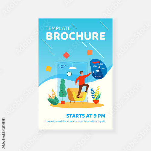 Business person leaving comfort zone. Millennial man working on change, finding ways to top and success. Vector illustration development, motivation self improvement concept