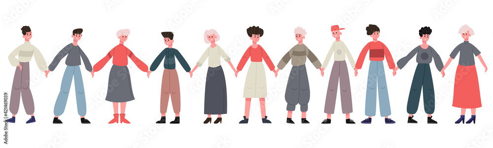 Friends standing together. Group of happy friends holding hands, happiness and friendship. Smiling people stand in row together vector illustration set Friends standing together. Group of happy friends holding hands, happiness and friendship. Smiling people stand in row together vector illustration set