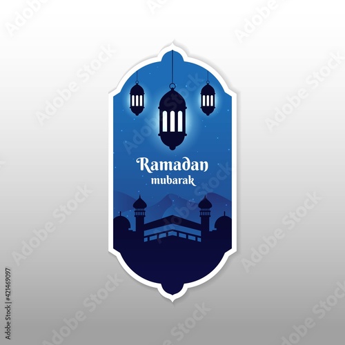 Ramadan premium label badge vector design with makkah and islamic lantern background