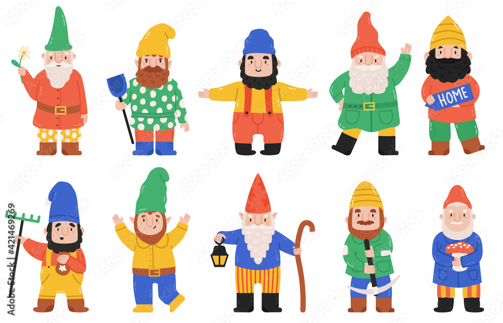 Cute garden gnomes. Dwarf characters with lantern, flowers and mushroom, fairy tale mascots. Funny garden bearded dwarfs vector illustration set