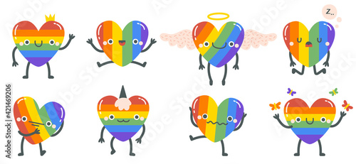 Cute rainbow hearts. Happy smiling lgbtq rainbow heart characters, gay pride rainbow heart mascots. Hand drawn lgbt heart emoji vector illustration set