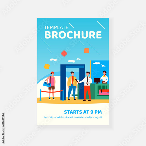 People giving luggage for checking in airport concept. Passengers and tourists walking through metal detection gate way. Vector illustration for travel, transportation, security concept