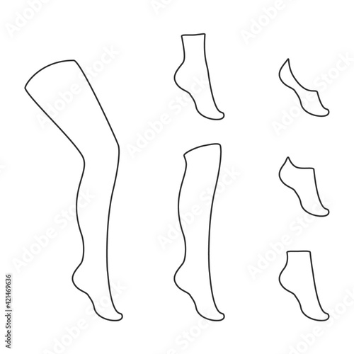 Types of socks collection. Invisible, extra low cut, low cut, quarter, mild calf, knee high, over knee and   thig high socks.