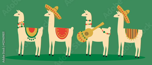 Set of mexican llamas isolated, flat vector stock illustration of traditional animals with mexican pattern, sombrero, guitar