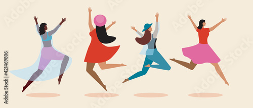 Set of woman jumping isolated, flat vector stock illustration with beautiful young women, different ethnicity