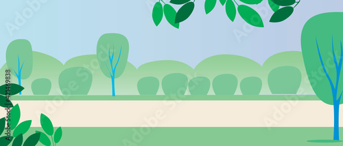 Simple empty park, flat vector illustration with nature no people sky, trees, lawn with copy space