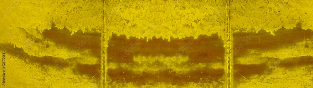 Rusty grunge abstract yellow colored painted galvanized sheet texture - rust wall zinc background banner panorama with dirt, scratches and weld seam