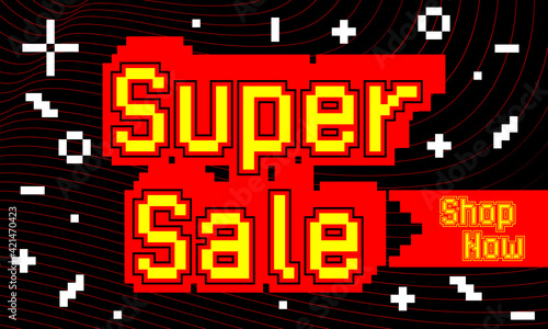 Super Sale - Vector banner template design. Special offer discount banner, pixel art for advertising.