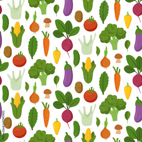 Seamless pattern with fresh vegetables. Healthy and beneficial product. Organic food. Gardening or farming concept. Design for print, packaging, wallpaper, textil. Flat vector illustration.