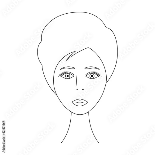 Womans face. Sketch. The head of the girl in full face. Vector illustration. Short pixie haircut. Long eyelashes. Plump lips. Mysterious female portrait. Coloring book for children. 