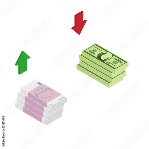 Isometric Euro and dollar banknotes up and down arrows.