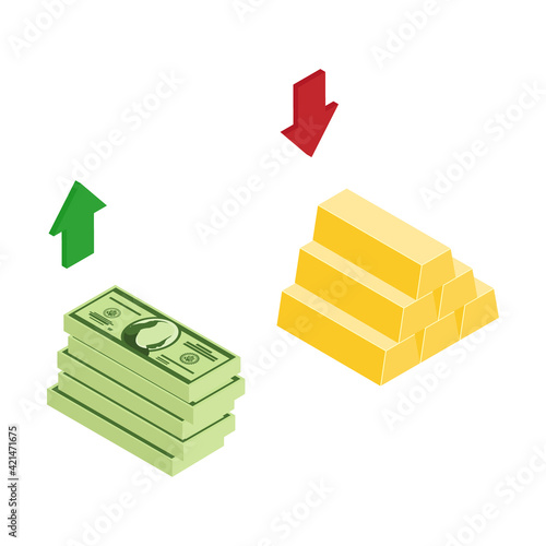 Isometric golden gold bars and dollar banknotes up and down arrows.