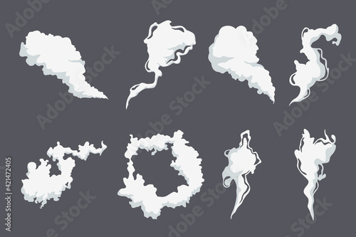 Cartoon smoke or steam cloud shapes set. Comic fire fume trail motion effect cartoon design collection on dark background. Flat vector illustration. Blast gas concept
