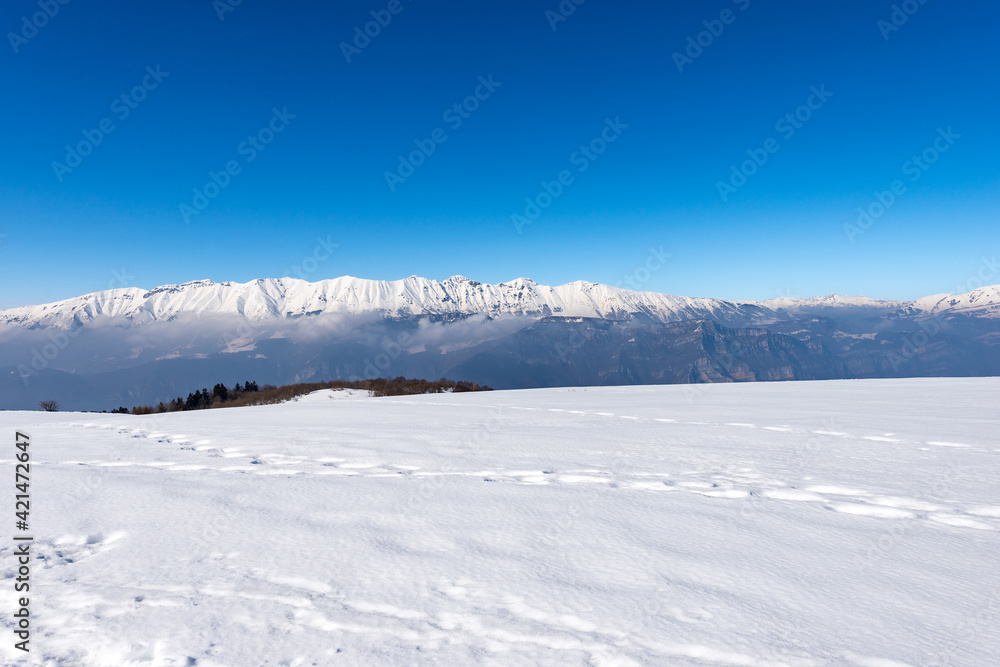 Mountain Range of Monte Baldo and Adamello in winter with snow, view from the Lessinia Plateau (Altopiano della Lessinia) Verona. Veneto and Trentino Alto Adige, Italy, Europe. Mountain Range of Monte Baldo and Adamello in winter with snow, view from the Lessinia Plateau (Altopiano della Lessinia) Verona. Veneto and Trentino Alto Adige, Italy, Europe.