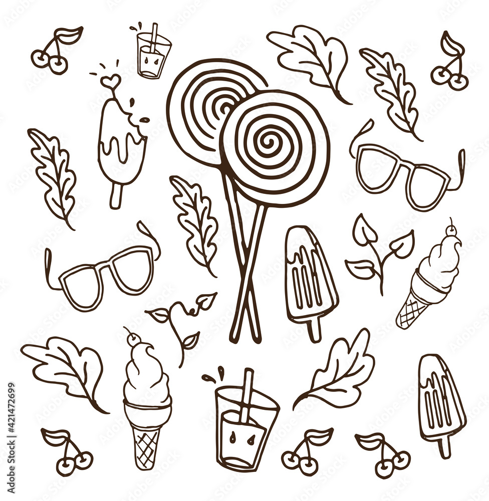 summer time. repeat pattern isolated on white background. lollipop, leaf, ice cream, cone, cherry, glass of water, glasses. hand drawn vector. brown outline. doodle art for logo, clipart, sticker.