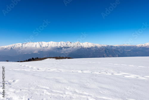 Mountain Range of Monte Baldo and Adamello in winter with snow, view from the Lessinia Plateau (Altopiano della Lessinia) Verona. Veneto and Trentino Alto Adige, Italy, Europe.