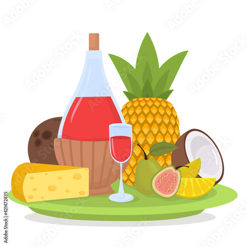 summer colorful vector illustration of a tray with tropical fruits, cheese and a bottle of red wine
