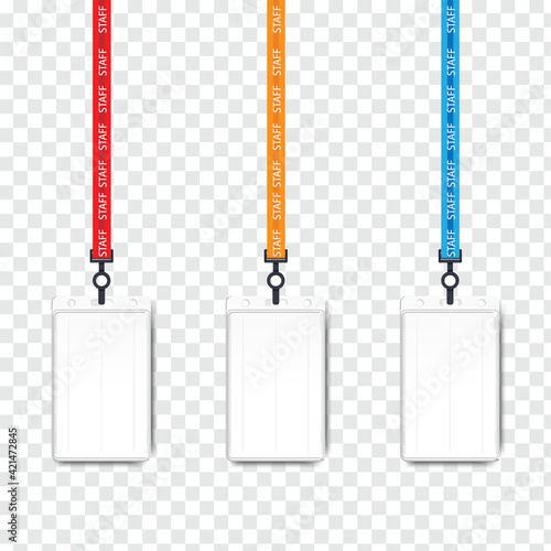 Realistic employees identification card on color lanyards with metal clips isolated on background.