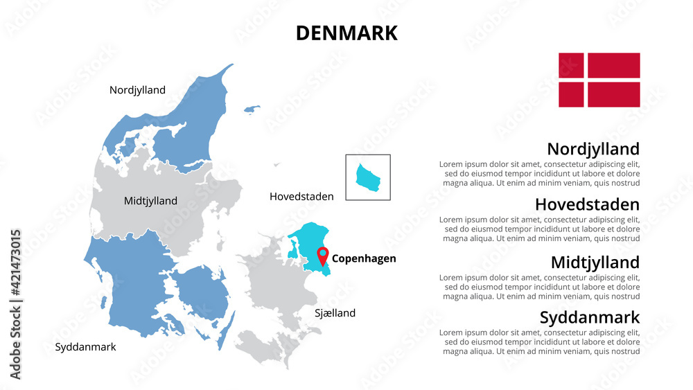 Denmark vector map infographic template divided by countries. Slide presentation