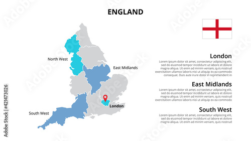 England vector map infographic template divided by countries. Slide presentation