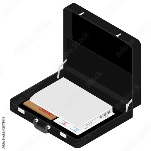 Black briefcase with top secret documents and laptop computer isometric view