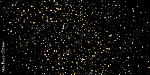 Gold Confetti Shower on Black. Golden Sequins,