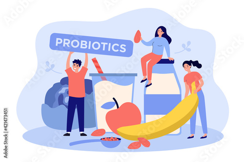 Man and women tiny people with probiotics food. Kefir, yogurt, apple, banana fruit flat vector illustration. Probiotic nutrition diet for health concept for banner, website design or landing web page